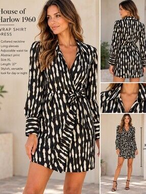 House Of Harlow 1960 Black White Abstract Date Night Wrap Dress. Ladies XL